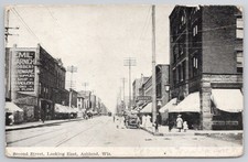 Rppc Second Street Ashland Wisconsin Early 1900s Busy Street Scene Cars Trolley picture