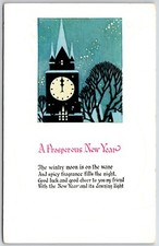 1900s New Years Postcard Clock Tower with Moon and Snow A Prosperous New Year picture