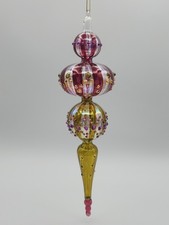 Handblown Glass Burgundy Purple Green Gold Beaded Finial Ornament ca 12