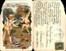 Antique 1910 Valentine Postcard Cupids Playing Tennis ELC Series 26/83 Printed G picture