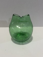 Vintage Green Handblown Crackle Glass Pinch Vase Double Hole Midcentury Modern picture