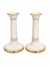 Vintage Pair Of White Ceramic Gold Trim Classic Neoclassical Candlesticks 7” picture
