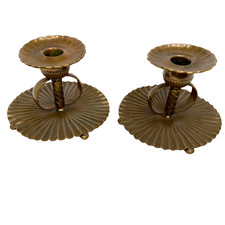 Antique 1882 Gorham Copper Fluted Chambersticks Pair Bun Feet Floral Candle Cups picture