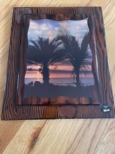 Rare vintage lacquered wood Hawaiian palm trees sunset. Made in Hawaii. picture