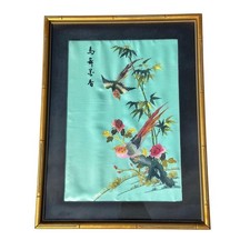 VTG Chinoiserie Framed Silk Embroidery Wall Art Birds Flowers Asian Hanging picture