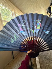 Vintage 50–60” Chinese Fujian Hand Painted Folding Wall Fan Asian Decor w/ Box picture