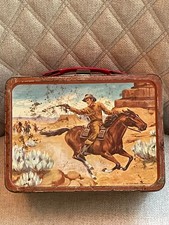 RARE VINTAGE 1963 KING-SEELEY THERMOS WESTERN COWBOW PONY EXPRESS METAL LUNCHBOX picture