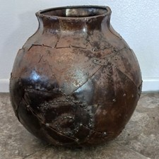Paul Evans Style MCM Brutalist Welded Patchwork Steel Vessel Sculpture 11.5
