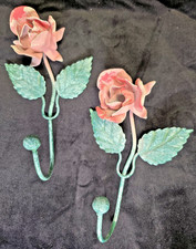 Vintage Italian Tole Rose Pink Wall Hook SET OF 2 Metal Shabby Chic Cottagecore picture