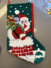 Vintage Hooked Wool Santa Christmas Stocking Red Velvet Back picture