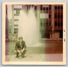 Vintage 1967 Man in Suit at Modernist Plaza Fountain Color Old Snapshot Photo picture
