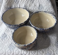 Vintage P.R. Storie Pottery Co. Marshall TX Blue Spongeware Bowl Set Of 3 picture