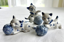 VTG Lot of 3 Kittens Blue & White Porcelain Cats Playing With Ball Figurines 4” picture