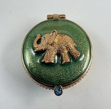 VTG Green Enameled Rhinestone Gold Tone Elephant Magnetic Trinket Box picture