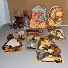 Vintage Thanksgiving Die Cut Decoration Lot Of 9 Pilgrims Harvest Mixed picture