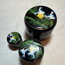 Vintage Asian black lacquerware trinket box. Hand painted 3 Piece Nesting Set. picture