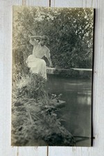 Antique Snapshot Photo Lovely Young Woman In White Dress Sitting By A Creek picture