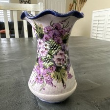 Vintage 5.75” Vase Handmade/Painted Purple Flowers from Greece picture