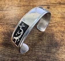 Sterling Silver Kokopelli Overlay Cuff Bracelet - Vintage Navajo, FJ Henry picture