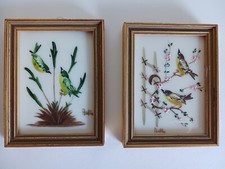 Vintage miniature painting birds on flowering branches signed Made in Spain picture