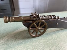 Antique Decor Non Firing Bronze Brass Metal Wheels Wood Base Moving Cannon 13” picture