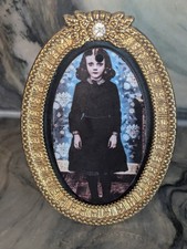 Antique Miniature Gilt Brass Portrait Frame Creepy Girl Victorian Photo Easel picture