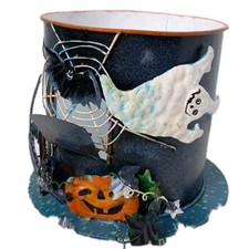 Vintage JCPenney Halloween Tin Candle Holder Sleeve Ghost Pumpkin Bat Spider Web picture