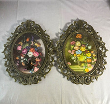 Vintage Oval Ornate Brass framed Floral Wall Art Pair (Convex Bubble Glass) picture