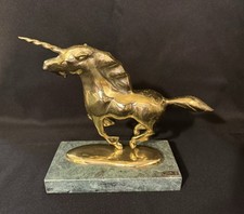 BIJAN 1980’s Unicorn bronze on green marble base sculpture w/ Signed Plaque picture