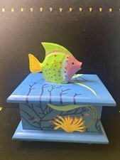 Vintage Hand Painted Wooden Fish Trinket Box Folk Art Coastal Decor Beach House picture
