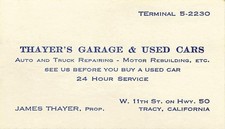 Vintage Thayer's Garage Used Cars Auto Repair Tracy CA Advertising Postcard picture