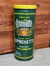 Vtg 80s Creamettes Italian Style Spaghetti Advertising Tin Canister Green Yellow picture