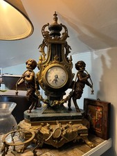 VINTAGE ITALIAN IMPERIAL 3 PIECE BRASS & MARBLE CLOCK & CANDELABRAS picture
