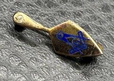 Vintage Masonic Trowel Tie Bar Clip Gold Fill Freemason Blue Enamel Rhinestone picture