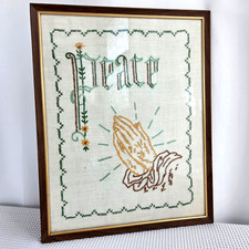 Vintage Framed Praying Hands Peace Embroidered Religious Prayer Art Christian picture
