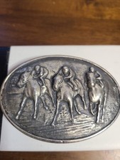Vtg RARE DIABLO Sterling Silver Overlay Belt Buckle 3 Jockeys On Horses Racing picture