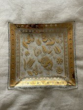 Georges Briard Persian Garden Square 6x6 Glass 22k Gold Dish Flowers Vtg MCM picture