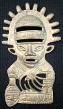 VINTAGE BRASS PERUVIAN PERU WALL ORNAMENT AZTEC MAYAN INCA AMERICANS GREEN EYES picture