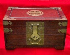 Large Antique Chinese Jewelry Box Hongmu Rosewood Shou Medallion Red Interior picture