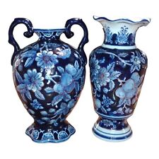 2 Rare Vintage Cobalt Blue Gold Floral Berries Butterflies Vases 10