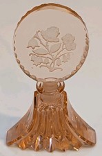 Vintage 1930s Irice Czech Pink Glass Perfume Bottle Intaglio Rose Stopper Label picture