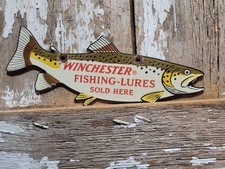 VINTAGE WINCHESTER PORCELAIN SIGN OLD FISHING LURES SALMON TROUT TACKLE BAIT picture