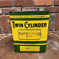Vintage Twin Cylinder Oil 2 Hydraulic Advertising Can Green/Yellow 2 gallon picture