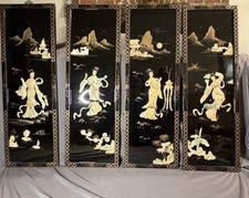 Vintage Chinese Black Laquer Mother Of Pearl Decorative Hanging Panels picture