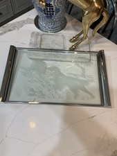 VTG Mid Century Chrome Etched Glass Dog Hunt Scene 20 x 12 Cocktail Bar Tray picture