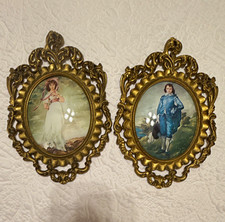 Vtg Pinkie Blue Boy Ornate Gold Oval Frames Made in Italy Bubble Convex Glass picture