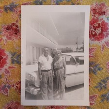 VTG 1960s Black & White Snapshot Photo Couple Retro Classic Car Hotel 1962 picture