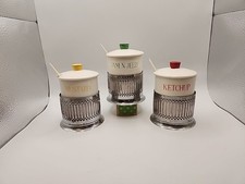 Vintage Set of 3 Porcelain & Metal Condiment Jars Mustard Ketchup Jam & Jelly picture