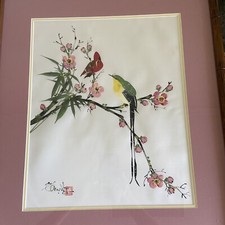 Asian Silk Artwork Hand Painted Vtg Signed Bird Matted Cherry Blossom picture