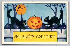 Postcard Halloween Greetings Pumpkin Black Cats on Fence Whitney picture